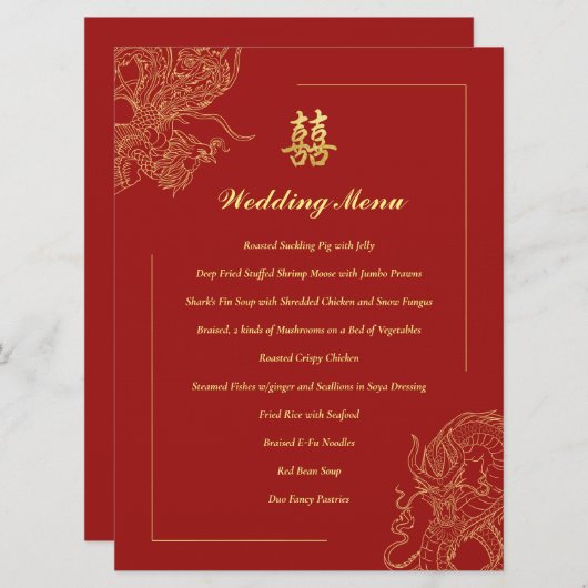 Dragon Phoenix Traditionele Rode Chinese bruiloft Menu (Voorkant / Achterkant)