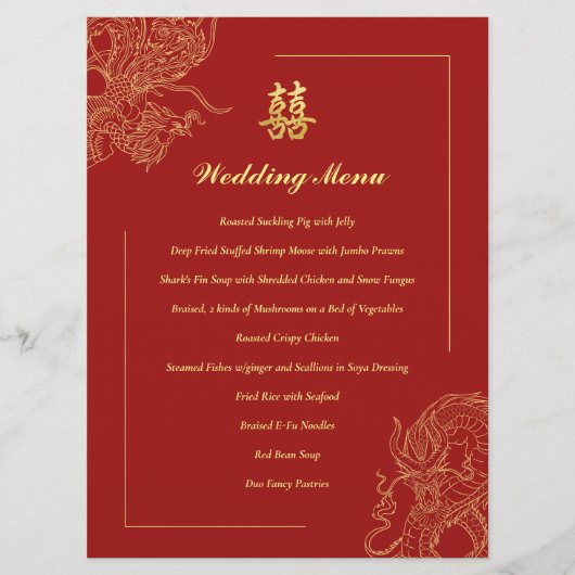 Dragon Phoenix Traditionele Rode Chinese bruiloft Menu (Voorkant)
