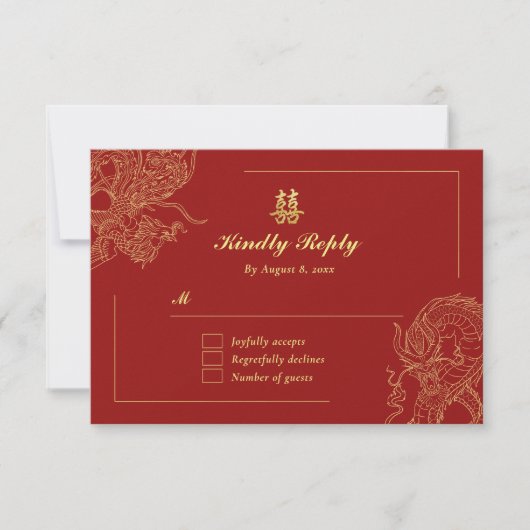 Dragon Phoenix Traditionele Rode Chinese bruiloft RSVP Kaartje (Voorkant)