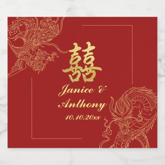Dragon Phoenix Traditionele Rode Chinese bruiloft Sparkling Wijnetiket (Enkel label)