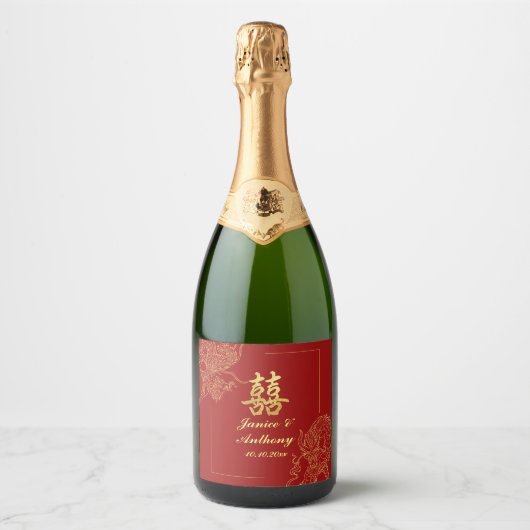 Dragon Phoenix Traditionele Rode Chinese bruiloft Sparkling Wijnetiket (Voorkant)