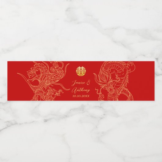 Dragon Phoenix Traditionele Rode Chinese bruiloft Waterfles Etiket (Enkel label)