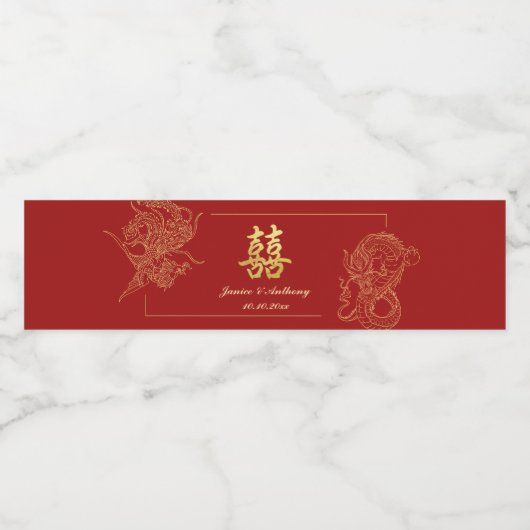 Dragon Phoenix Traditionele Rode Chinese bruiloft Waterfles Etiket (Enkel label)