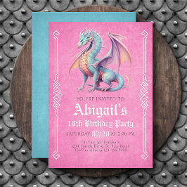 Dragon Pink Aqua Girls Birthday Invitation Kaart