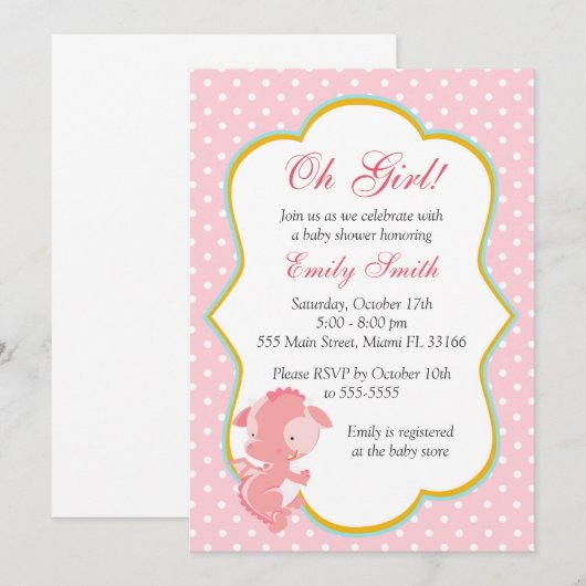 Dragon Pink Polka Dots Baby Girl Shower Uitnodigen Kaart (Voorkant / Achterkant)