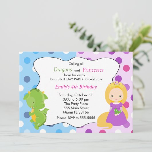 Dragon Princess Uitnodiging Meisje Verjaardagsfees (Staand voorkant)
