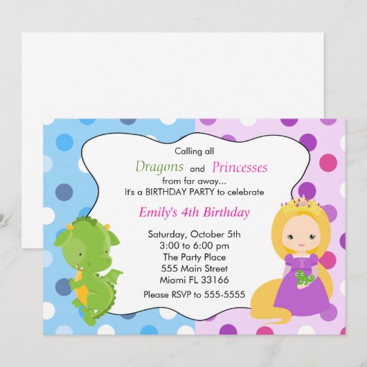 Dragon Princess Uitnodiging Meisje Verjaardagsfees (Voorkant / Achterkant)