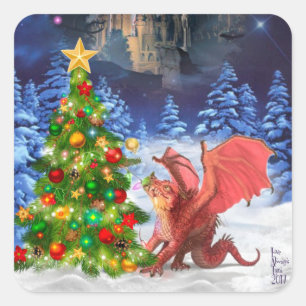 Dragon Pulling op kerstboom Vierkante Sticker