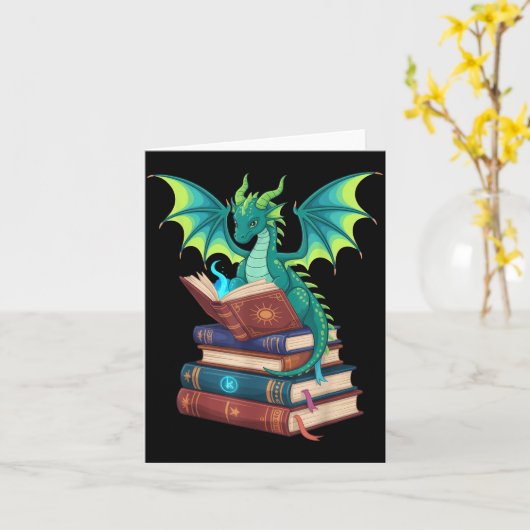 Dragon Reading Books Fantasy Lovers Mythical Creat Kaart (Gele Bloem)
