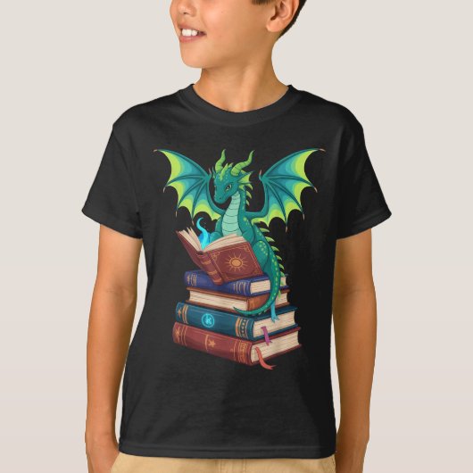 Dragon Reading Books Fantasy Lovers Mythical Creat T-shirt (Voorkant)