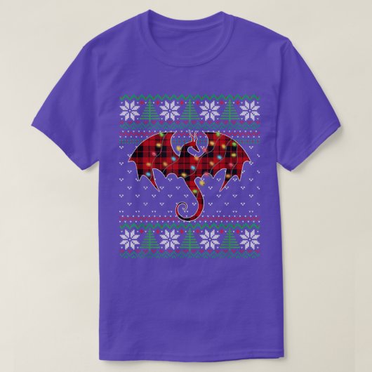 Dragon Red Plaid Ugly Sweater Christmas Lights Dra T-shirt (Design voorkant)