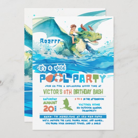 Dragon Ride Pool Party Uitnodiging voor verjaardag (Voorkant / Achterkant)