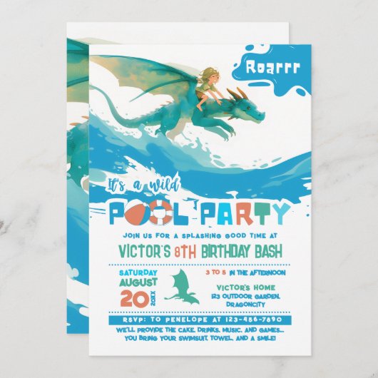 Dragon Ride Pool Party Uitnodiging voor verjaardag (Voorkant / Achterkant)