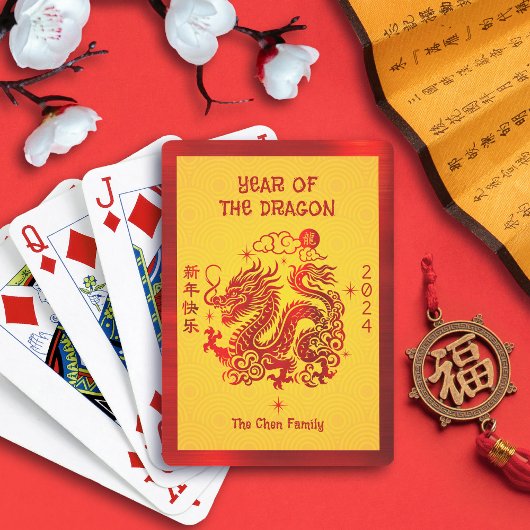 Dragon Rode Folie Chinees Maanjaar 2024 Geel Pokerkaarten