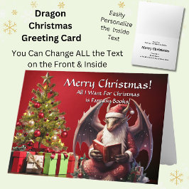 Dragon Santa Reading Book Vrolijk kerstfeest Kaart
