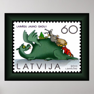 Dragon ~ Santa ~ Reindeer ~ Letland ~ Stamp ~ Poster