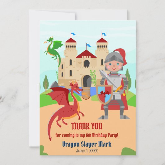 Dragon Slayer Knight Boy Verjaardagsfeestje Bedankkaart (Voorkant)