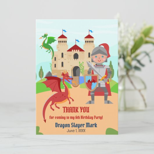 Dragon Slayer Knight Boy Verjaardagsfeestje Bedankkaart (Staand voorkant)