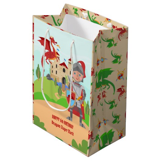 Dragon Slayer Knight Boy Verjaardagsfeestje Medium Cadeauzakje (Voorkant Gekanteld)