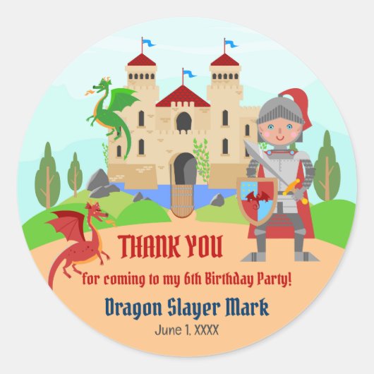 Dragon Slayer Knight Boy Verjaardagsfeestje Ronde Sticker (Voorkant)