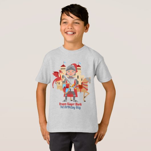 Dragon Slayer Knight Boy Verjaardagsfeestje T-shirt (Voorkant volledig)