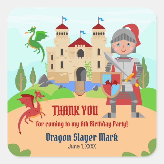 Dragon Slayer Knight Boy Verjaardagsfeestje Vierkante Sticker (Voorkant)