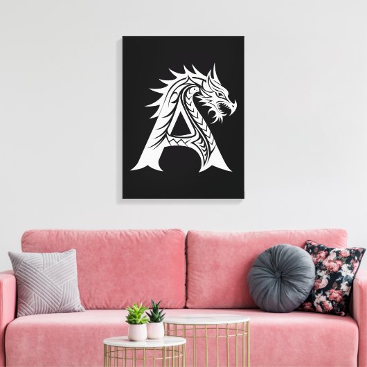 Dragon Styled Letter A, Dragon Alphabet, Monogram Canvas Afdruk (Insitu (Woonkamer))