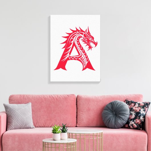 Dragon Styled Letter A, Dragon Alphabet, Monogram Canvas Afdruk (Insitu (Woonkamer))