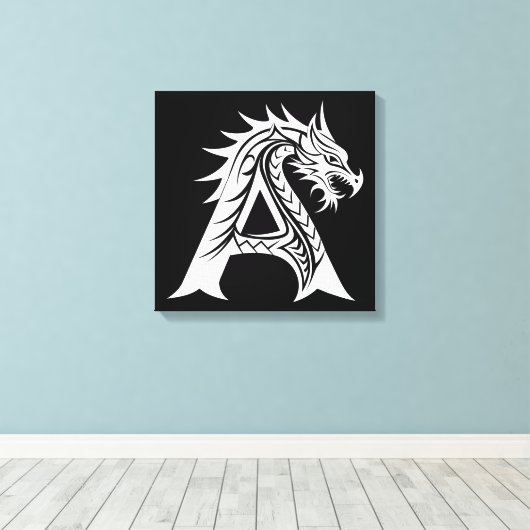 Dragon Styled Letter A, Dragon Alphabet, Monogram Canvas Afdruk (Insitu (Houten vloer))