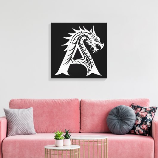 Dragon Styled Letter A, Dragon Alphabet, Monogram Canvas Afdruk (Insitu (Woonkamer))