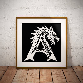 Dragon Styled Letter A, Dragon Alphabet, Monogram Foto Afdruk
