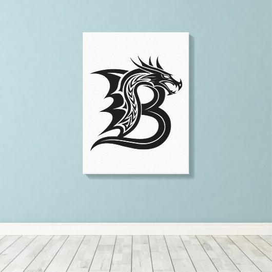 Dragon Styled Letter B, Dragon Alphabet, Monogram Canvas Afdruk (Insitu (Houten vloer))
