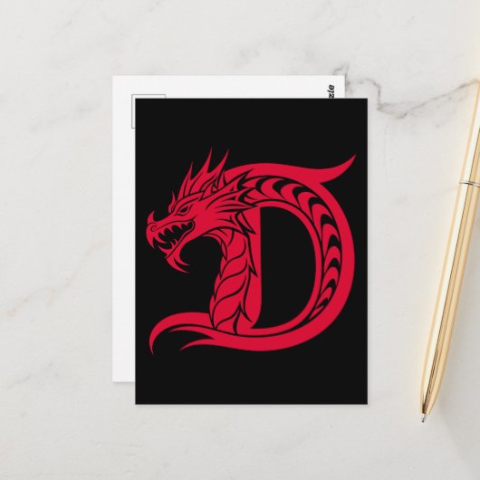 Dragon Styled Letter D, Dragon Alphabet, Monogram Briefkaart (Voorkant / Achterkant in situ)