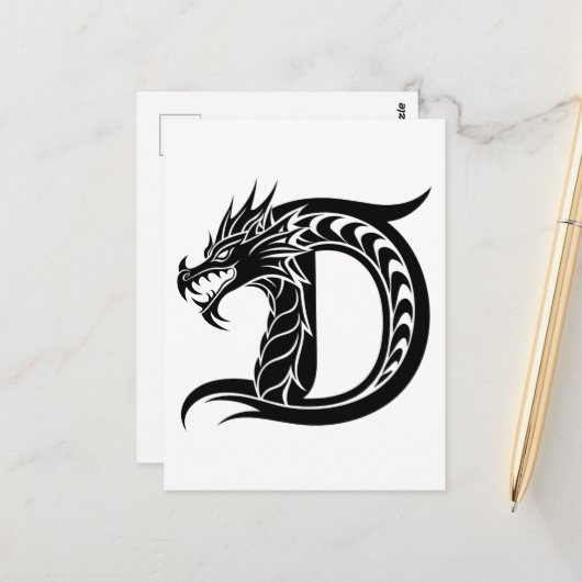 Dragon Styled Letter D, Dragon Alphabet, Monogram Briefkaart (Voorkant / Achterkant in situ)
