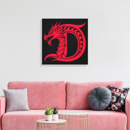 Dragon Styled Letter D, Dragon Alphabet, Monogram Canvas Afdruk (Insitu (Woonkamer))