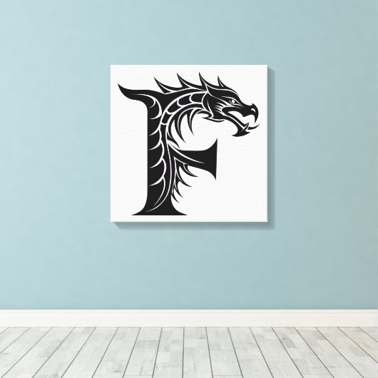 Dragon Styled Letter F, Dragon Alphabet, Monogram Canvas Afdruk (Insitu (Houten vloer))