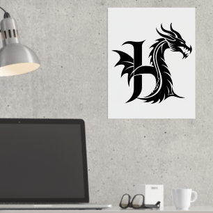 Dragon Styled Letter H, Dragon Alphabet, Monogram Folie Afdrukken