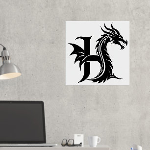 Dragon Styled Letter H, Dragon Alphabet, Monogram Folie Afdrukken