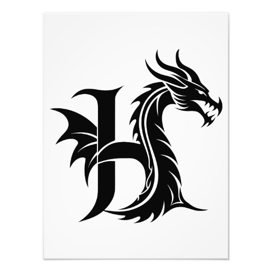 Dragon Styled Letter H, Dragon Alphabet, Monogram Foto Afdruk (Voorkant)