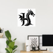 Dragon Styled Letter H, Dragon Alphabet, Monogram Poster (Thuiskantoor)