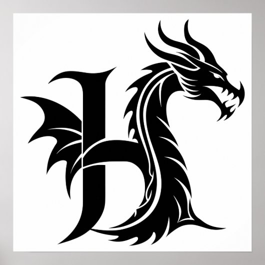 Dragon Styled Letter H, Dragon Alphabet, Monogram Poster (Voorkant)