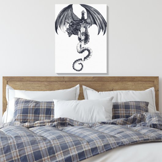 Dragon & Sword Stretched Canvas Print (Insitu (Slaapkamer))