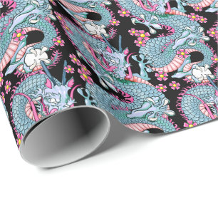 Dragon Tattoo Kunst in Roze en Perzik Melba Cadeaupapier