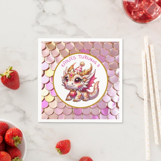 Dragon thema roze en goud gepersonaliseerde verjaa servet (Insitu)