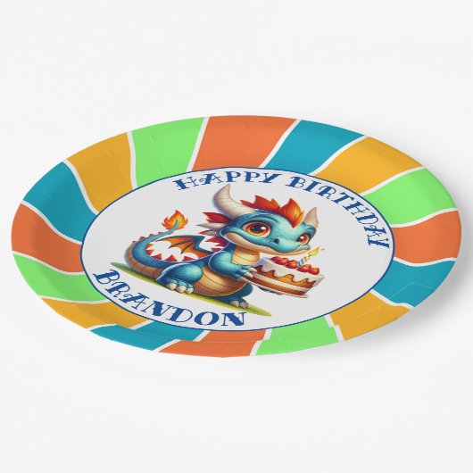 Dragon Theme Boy's Verjaardagsfeestje Papieren Bordje (Gekanteld)