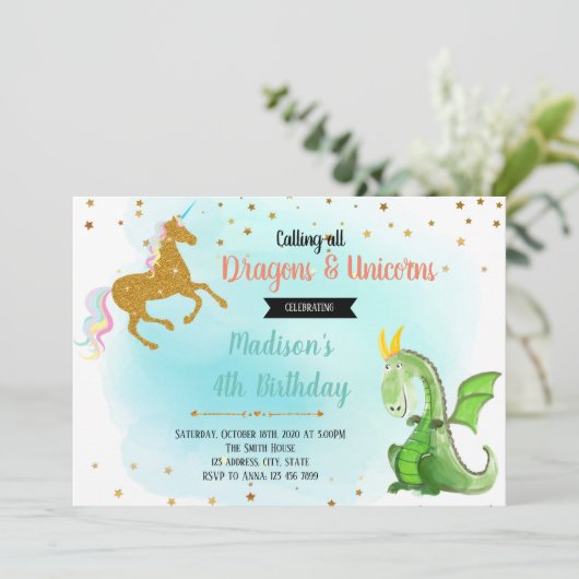 Dragon unicorn party-uitnodiging kaart (Staand voorkant)