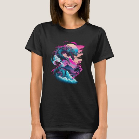 Dragon Vaporwave Abstract Landscape Moon Tree Wate T-shirt (Voorkant)