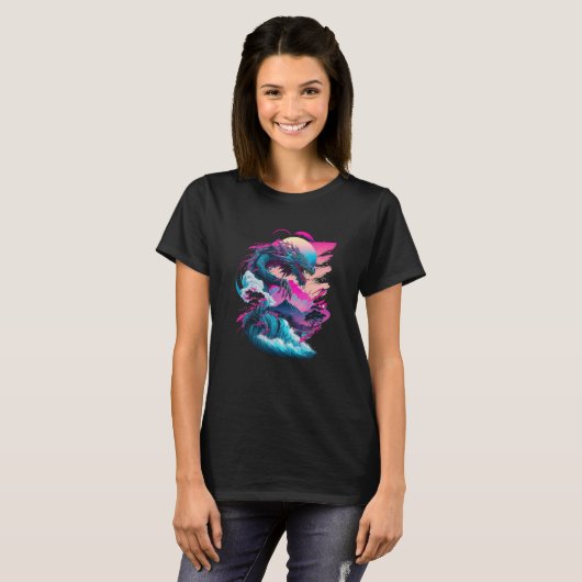 Dragon Vaporwave Abstract Landscape Moon Tree Wate T-shirt (Voorkant volledig)