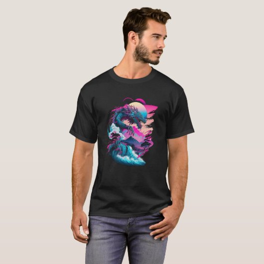 Dragon Vaporwave Abstract Landscape Moon Tree Wate T-shirt (Voorkant volledig)