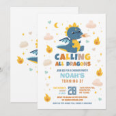 Dragon Verjaardagsfeestje Blauw Vuur Draken Jongen Kaart (Voorkant / Achterkant)